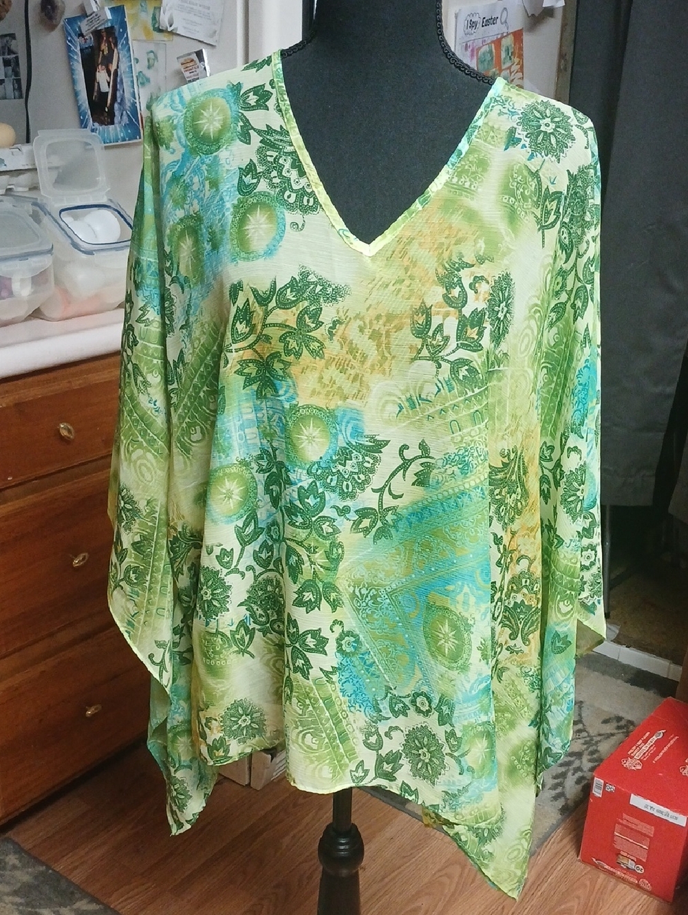 Susan Graver Green and Teal Patterned V-Neck Tunic